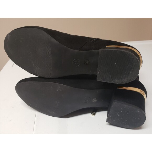 Liz Claiborne Black Faux Suede Lace-Up Ankle Boots Gold Hardware Size 9 PO Good - Picture 13 of 15